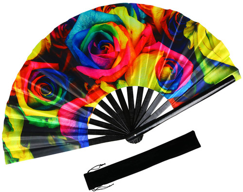 TAYUQEE Large Folding Fan, 13" Bamboo Rave Hand Fan with UV Reactive Ink, Foldable Chinese Fan Clark Fan for Festivals, Drag Queen & Burlesque, Cute Holographic Rave Accessories for Women