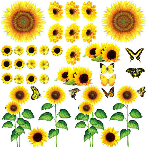 53 Pcs Sunflower Daisy Wall Decals Butterfly Wall Stickers, Waterproof Sunflower Decals, Sunflower Wall Decor, Flower Mural Stickers for Bathroom Room (Medium)