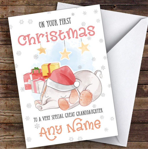 Baby Elephant First Christmas Holiday Great Granddaughter Personalized Christmas Holiday Greetings Card