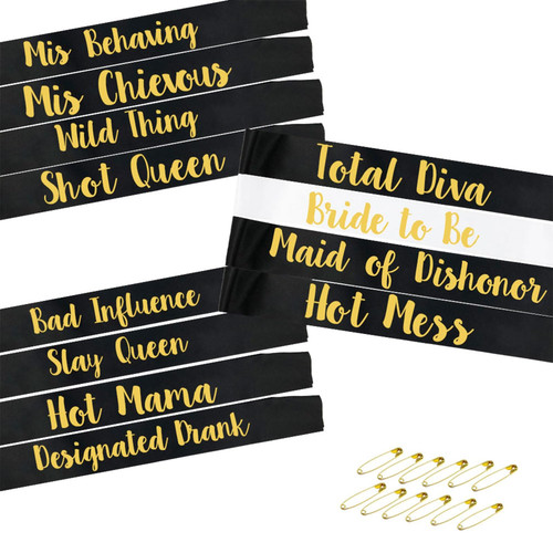 Bachelorette Sash Set (12 pcs) - Bride to Be Sash Bachelorette Party Decorations - Unique Bride and Bridesmaid Sashes for Bachelorette Party (Black, Gold Letters). Ideal Bridal Shower Supplies Bachelorette Sash Set (12 pcs) - Bride to Be Sash Bachelorette Party Decorations - Unique Bride and Bridesmaid Sashes for Bachelorette Party (Black, Gold Letters). Ideal Bridal Shower Supplies