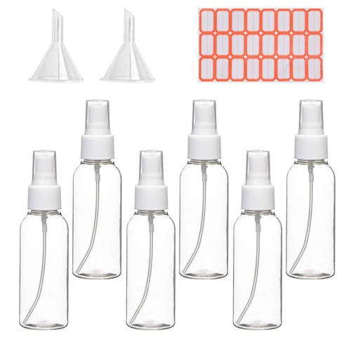 Zoizocp Spray Bottles, 1oz/30ml Clear Empty Fine Mist Plastic Mini Travel Bottle Set, Small Refillable Liquid Containers with 2pcs Funnels and 24pcs Labels (6 Pack)