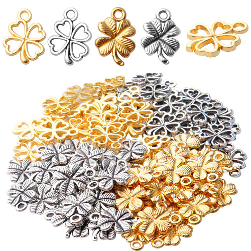 BronaGrand 100pcs 2 Styles Alloy Four Leaf Clover Charms Lucky Charms Pendents for DIY Bracelet Necklace Jewelry Making Findings, Gold and Antique Silver