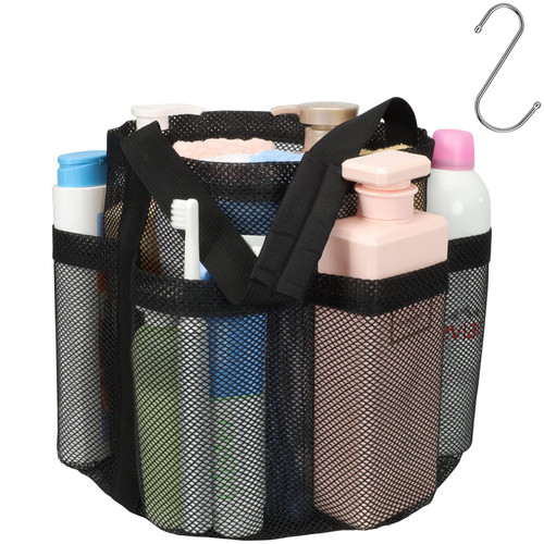 F-color Mesh Shower Caddy Portable, Large Capacity Shower Caddy Basket Tote for College Dorm Room Toiletry Gym Rv Essentials, 8.5" Deeper Pocket Quick Dry Shower Bathroom Caddy Bag with S Hook, Black
