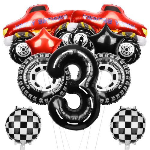 9pcs Monster Truck Theme Balloons, 40 Inch Racetrack Number Balloon with Large Race Car Balloons Tire Balloon Star Round Balloons Race Car Birthday Party Supplies(3-Year-Old)