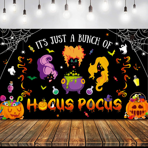 Halloween It's Just a Bunch of Hocus Pocus Backdrop, Halloween Hocus Pocus Banner, Halloween Witches Sisters Backdrop Banner Large Size, Hocus Pocus Sisters Night Photo Booth Props Supplies