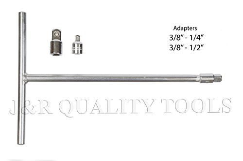 J&R Quality Tools 3/8" Drive T Handle Wrench, Chromium Vanadium Steel | Long Reach | Includes 3/8" and 1/2" Adaptors