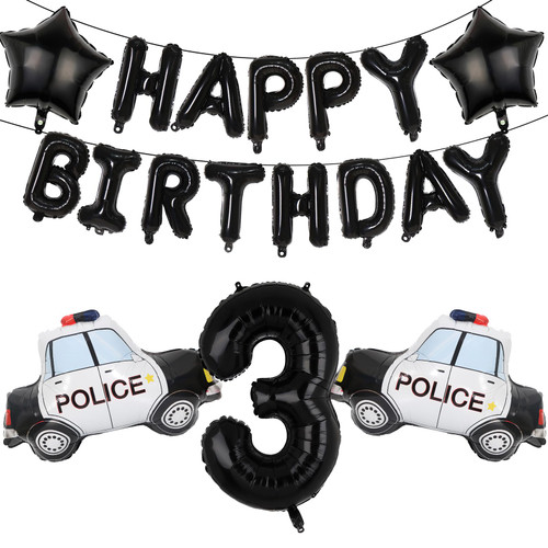 Police Car Balloon, Police Themed Happy Birthday Banner Mylar Foil Balloons, Police Car Party Supplies Decoration (3rd)
