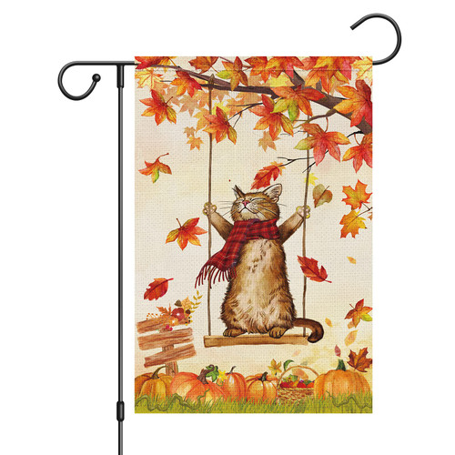 Louise Maelys Fall Welcome Garden Flag 12x18 Double Sided, Small Burlap Autumn Cat Garden Flag Pumpkin Maple Leaves Fall Thanksgiving Outside Outdoor House Yard Decoration (ONLY FLAG)