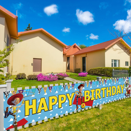 Large Toy Themed Story Happy Birthday Yard Banner Sign, 9.8 x 1.6 ft Toy Themed Story Baby Show Supplies for Kids Indoor Outdoor Photography Background,Toy Themed Story Theme Party Decorations.