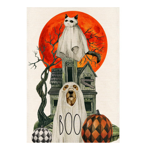 MONORD Halloween Ghost Cat and Ghost Dog Garden flag Vertical Double Sided, Boo Yard Outdoor Decor 12 x 18 Inch