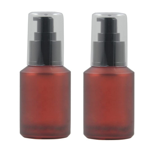 2PCS 60ML/2oz Wine Red Empty Refillable Glass Lotion Vial Pump Bottle Jars with Plastic Pressure Pump Head Top Cosmetic Sample Travel Packing Storage Containers for Emulsion Essence Massage Oil