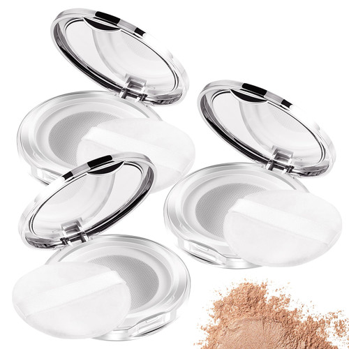 Jspupifip Loose Powder Container, 3 Pieces Compact Powder Container with Puff and Mirror,3 g/ 0.11 Oz Reusable Empty Refillable Makeup Powder Case Portable with Elasticated Net Sifter(Silver)