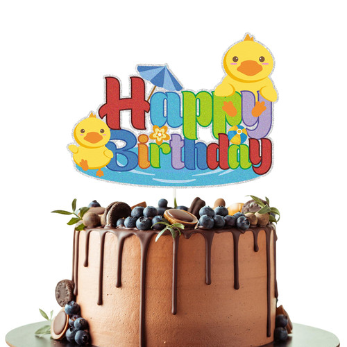 PYQWA Color Sparkling Duck Happy Birthday Cake Topper, Little Yellow Duck Baby Shower Duck Boy Girl Birthday Party Decoration, One Year Old Bday Party Supplies
