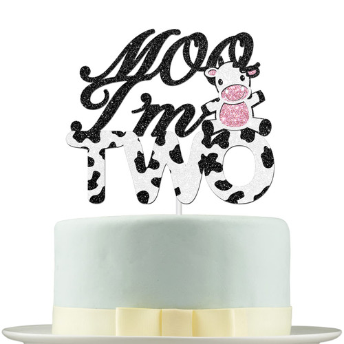 Deloklte Moo I'm Two Cake Topper - Cow Second Birthday Cake Topper Baby Shower Party Decoration- Happy Birthday Cake Topper for Cow Farm Zoo Animal Theme Two Year Old 2nd Birthday Party Supplies