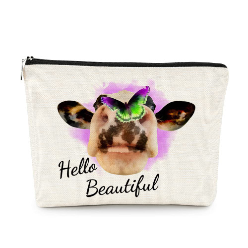 EXUQO Hello Beautiful Funny Cow and Butterfly Makeup Bag Cosmetic Bag Travel Toiletry Zipper Pouch, Gifts for Cow Lovers, Cow Gifts for Women Friend Girls