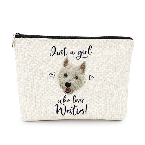 EXUQO Just a Girl Who Loves Westies Cute Westie Makeup Bag Cosmetic Bag Travel Toiletry Zipper Pouch, Westie Mom Gifts for Women, Westie Owner Gifts, Dog Lovers Women Girls Gifts