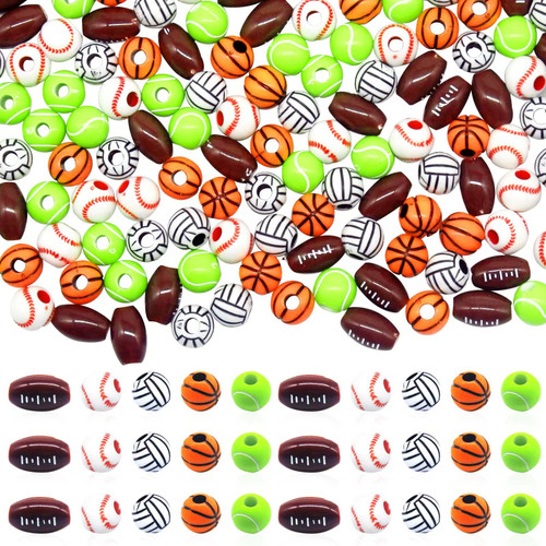 RYKOMO 250 Pieces Sports Beads Sport Ball Bead Acrylic Sports Ball Beads American Football Beads Volleyball Basketball Tennis Soccer Baseball Beads for DIY Necklace Bracelet Pendant Making (5 Styles)