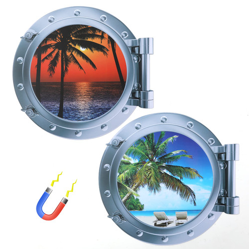 2pcs Cruise Door Magnets, Porthole Cruise Ship Door Decorations with Sea Beaches Palm Trees Beach Chairs Summer Style Scenery Cruise Magnets for Door, Fridge, Car, Carnival Cruise Ship Decor