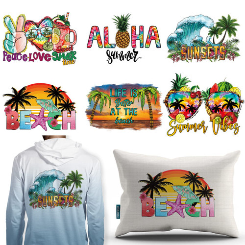 Hawaiian Iron on Transfer Summer Party Iron on Decals T-Shirt Iron on Patches Heat Transfer Stickers Palm Tree Fruits Design Thermal Transfer Applique Beach Pool Costume DIY Decorations Supplies 6PCS