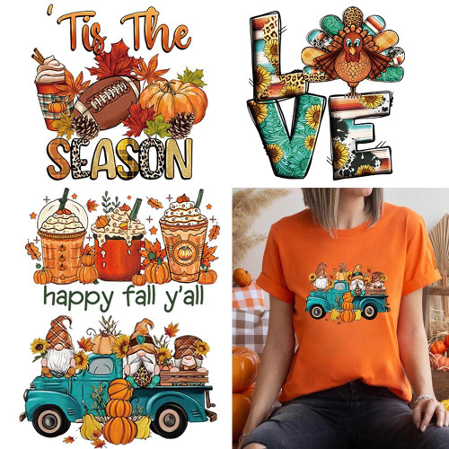Fall Heat Transfer Vinyl Maple Leaf Iron on Transfer Patches for T-Shirt Autumn Pumpkin Turkey Rugby Dwarf Design HTV Vinyl Iron on Decals for Thanksgiving Costume Clothes Pillow Hoodie DIY Craft 4Pcs