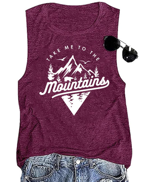 Take Me to Mountain Adventure Tank Top for Women Summer Camping Outdoor Travel Hiking Sleeveless Funny Animal Graphic Tops Loose Fit Cotton Vacation Shirts Purple,M