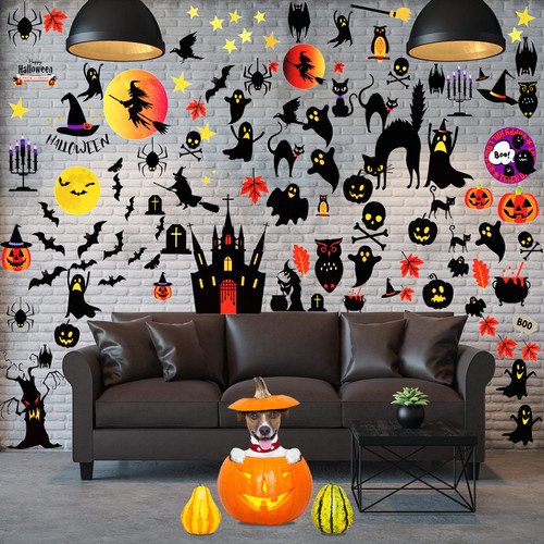 124 Pieces Halloween Wall Decals Pumpkin Spider Ghost Window Stickers Removable Wall Sticker Halloween Cling Decals for Halloween Party Holiday Home Bedroom Office Decorations