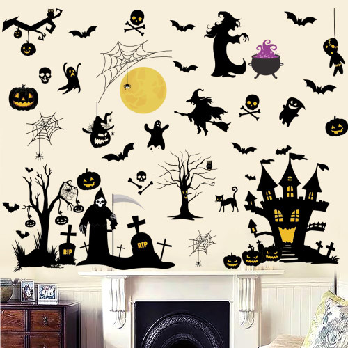 Halloween Witch Wall Decals Halloween Moon Bat Wall Stickers Happy Halloween Wall Decor Peel and Stick Vinyl Bat Ghost Spider Pumpkin Wall Art for Halloween Party Supplies.