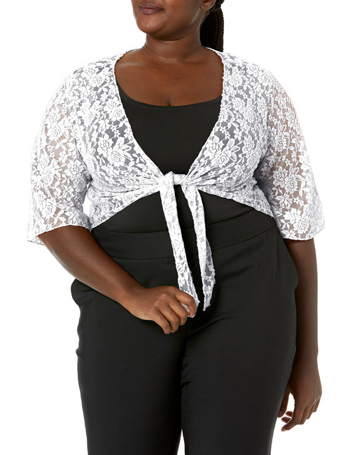 Star Vixen Women's Plus-Size 3/4 Sleeve Stretch Lace Tiefront Shrug Sweater, Ivory, 1X
