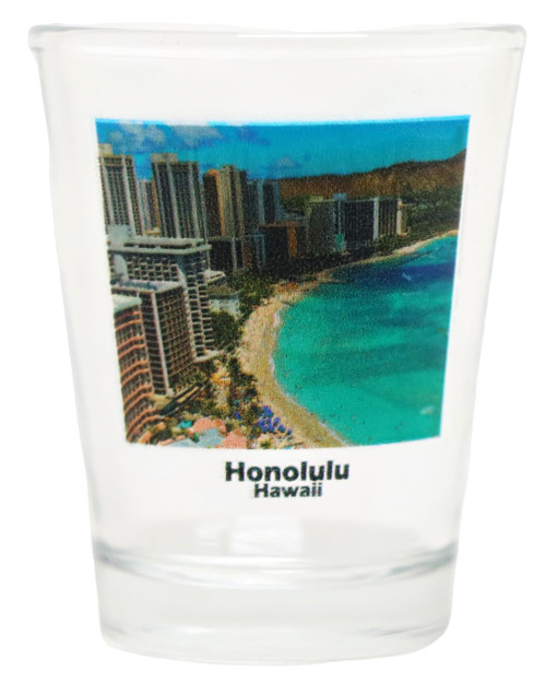 Honolulu Hawaii Waikiki Beach Panorama Color Photo Shot Glass Honolulu Hawaii Waikiki Beach Panorama Color Photo Shot Glass