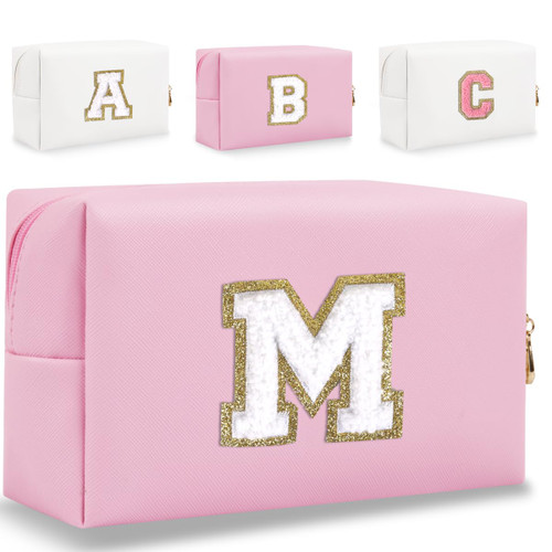 Small Personalized Initial Letter Makeup Bag, Cute Waterproof PU Leather Chenille Letter Cosmetic Bag Travel Makeup Bag, Preppy Makeup Pouch Toiletry Zipper Pouch Organizer for Women and Girls(Pink-M)