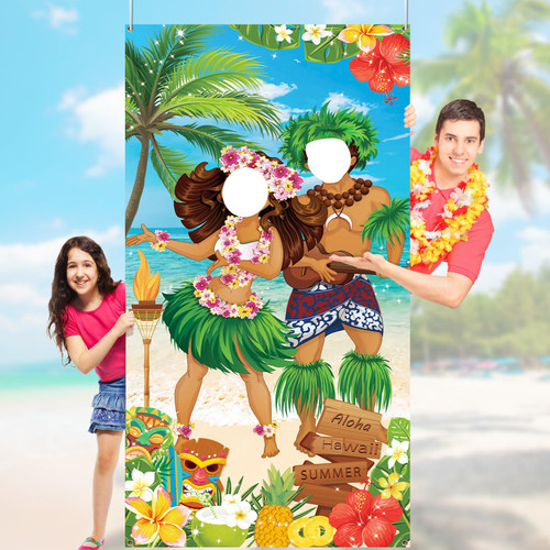 HiParty Hawaiian Luau Party Decorations - Aloha Party Decorations Luau Couple Photo Door Banner Large Tiki Luau Photo Props for Summer Beach Party Tiki Banner Background Photography for Tropical Tiki Themed Decoration 71 x 35 Inch