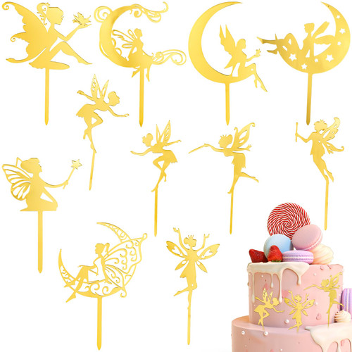 11 Pcs Gold Fairy Cake Toppers Flower Angel Cupcake Topper Ballet Fairy Birthday Cake Decorations for Birthday Wedding Decoration Supplies