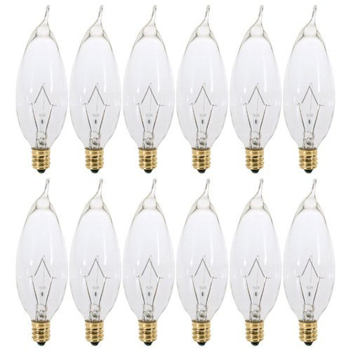 (Pack of 12) 40CFC - 40 Watt Clear Candelabra Base (E12) Flame Tip 120V Decorative Dimmable Chandelier Lights Bulbs