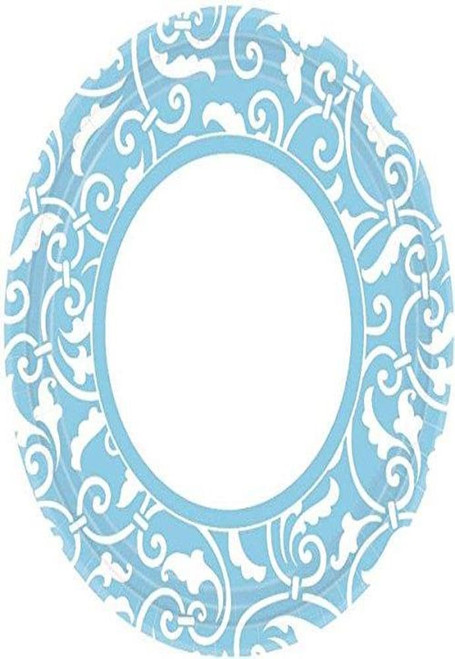 amscan Disposable Round Ornamental Scroll Luncheon Plates (8 Pack), Caribbean Blue/White