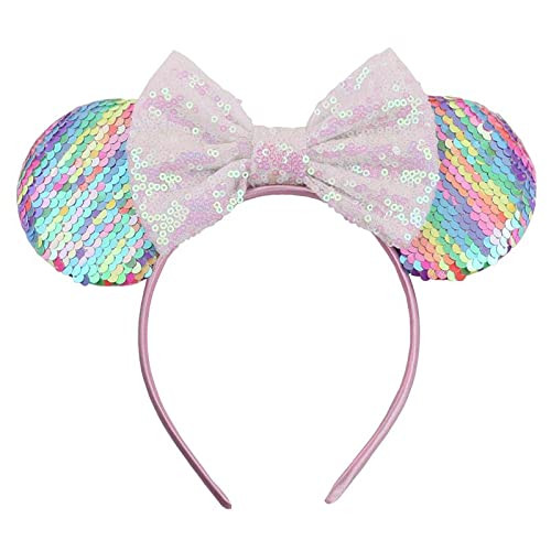 Foeran Mouse Ears Headbands Shiny Bows Mouse Ears Glitter Party Princess Decoration Cosplay Costume for Girls Women (Sequin rainbow-1)