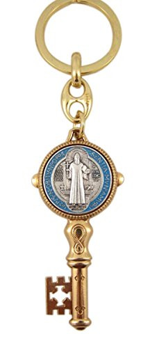Gold Tone and Enameled Saint Benedict Jubilee Medal Key Shaped Pendant Keychain, 4 1/4 Inch