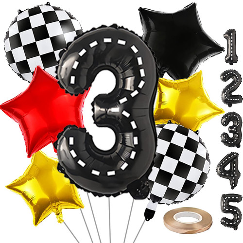 Race Car Birthday Number Balloon, Mylar Large Balloon Number Race Car Favors Theme Party Decor Supplies, 40 Inch Racetrack Balloons for Boys Birthday party Decorations for, Black (B3)