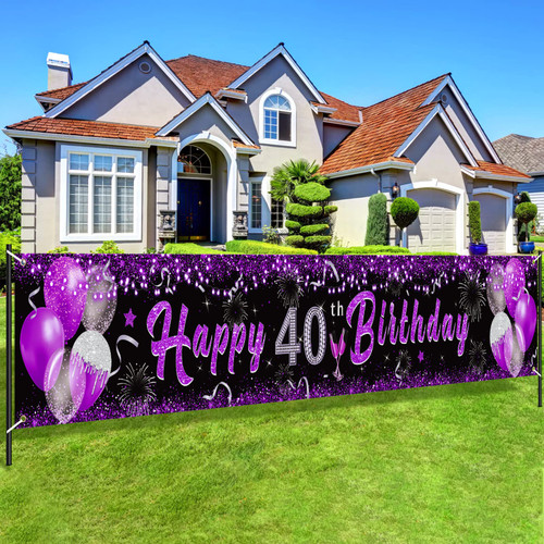 Purple 40th Birthday Decorations for Women, Black Purple Silver Happy 40th Birthday Yard Banner Purple 40th Birthday Yard Sign for 40th Birthday Anniversary Party Supplies Indoor Outdoor Decor