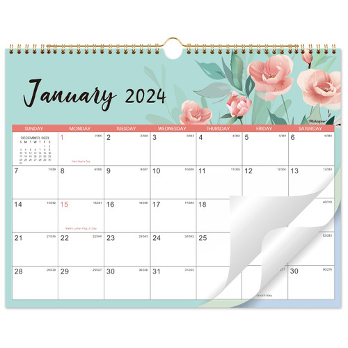 2024 Calendar - Wall Calendar 2024, 12 Monthly Calendar 2024 from Jan. 2024 - Dec. 2024, Wall Calendar 2024 With Twin-Wire Binding, 12" x 17", Hanging Hook + Julian Dates - Floral