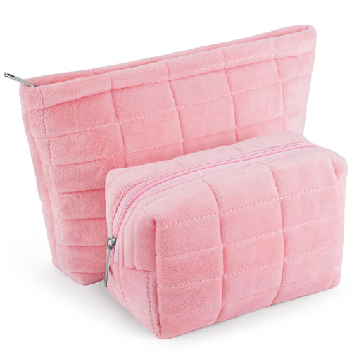 Plush Makeup Bag 2Pcs Checkered Cosmetic Bag Large Small Makeup Pouch for Purse Cute Pink Makeup Bag with Makeup Brush Holder Y2K Accessories Bag Travel Cosmetic Bag for Women Aesthetic Gift for Her