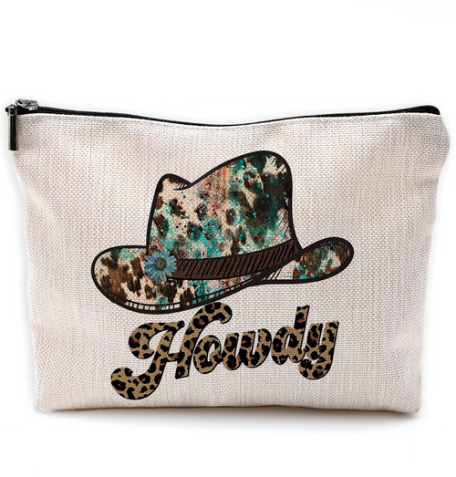 NEGIGA Howdy Cowhide Turquoise Cowgirl Hat Makeup Bag Travel Cosmetic Bags,Western Cowgirl Trendy Cosmetic Bags with Zipper Pouch Travel Toiletry Case,Girls Gifts,Cowgirl Gifts for Girls