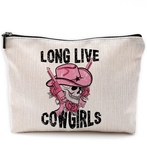 NEGIGA Pink Skeleton Cowgirl Makeup Bag Travel Cosmetic Bags,Long Live Cowgirls Cosmetic Bags with Zipper Pouch Travel Toiletry Case,Gift for Teen Girls,Cowgirl Gifts for Girls