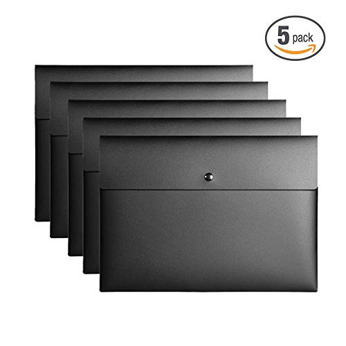VANRA Poly File Folder Pockets File Jacket Plastic Envelope Flat Document Letter Organizer with Snap Button Closure A4 Letter Size (Pack of 5, Black)