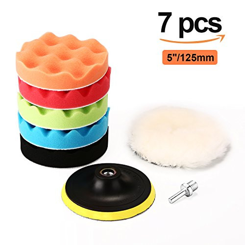 Polishing Pads, PullPritt 7Pcs 5" Sponge Polishing kit with M14 Drill Adapter, include 5 Sponge Polisher Pads and 1 Woolen Buffing Pad for Car Sanding, Polishing, Waxing, Sealing Glaze