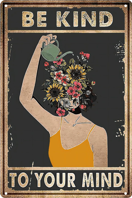 Vintage Poster Tin Signs-Be Kind to Your Mind Metal Sign,Gift for Women Home Boho Office Plant Room Wall Decor 8x12 inch