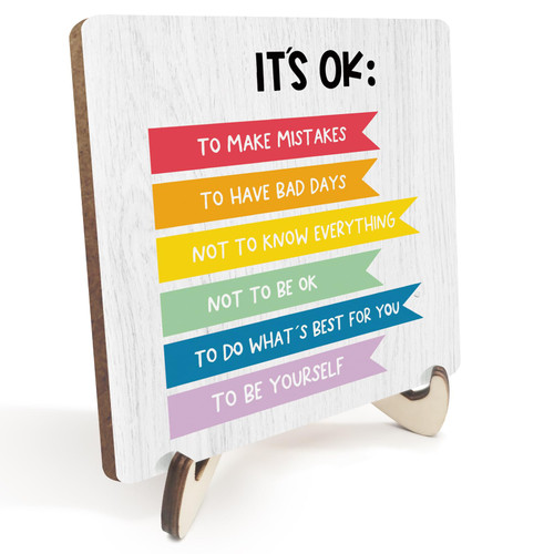 Decorative Desk Decor Motivational Affirmations Positive Plaque with Wooden Stand Inspirational Mental Health Wood Sign for Office Nursery Homeschool Classroom Education Reading Corner Table Shelf