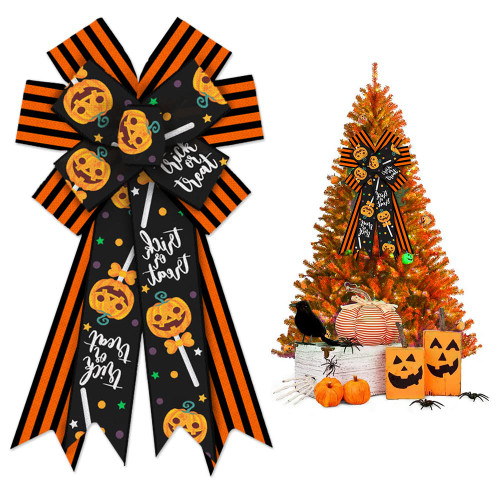 Large Halloween Wreath Bows, Halloween Pumpkin Bows for Wreath Orange Black Stripe Bows for Front Door Trick or Treat Candy Dot Wall Ornaments Tree Topper Bows for Halloween Home Indoor Outdoor Decor