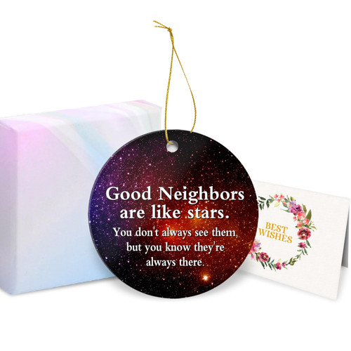 Christmas Tree Ornament 2023-Good Neighbors are Like Stars They're Always There-3 Inch Round Ceramic Christmas Tree Ornament Present for Neighbors Christmas Ornament with Gift Box Xmas Ornament