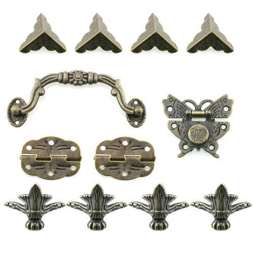 YHXiXi 12pcs Jewelry Box Antique Lock Latch Hasp Hinges Handle Box Corner Protectors Kit - Include 1 Antique Lock Latch Hasp 2 Hinges 1 Handle 8 Box Corner Protectors and Enough Screws