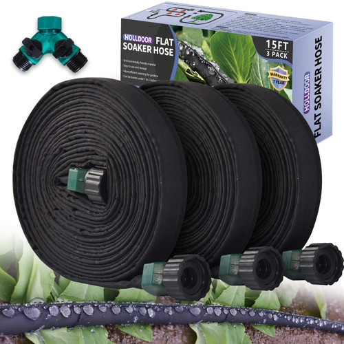 3-Pack Flat Soaker Hose 15 Ft for Garden Beds with Garden Hose Splitter, Garden Soaker Hose 15 Ft for Saving 70% Water, Drip Hose for Garden, Vegetable Beds (15ft 3pack)